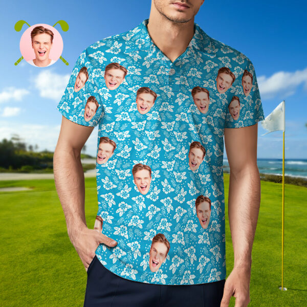 Men’s Custom Face Polo Shirt Blue Crush Personalized Hawaiian Golf Shirts Gift for Him